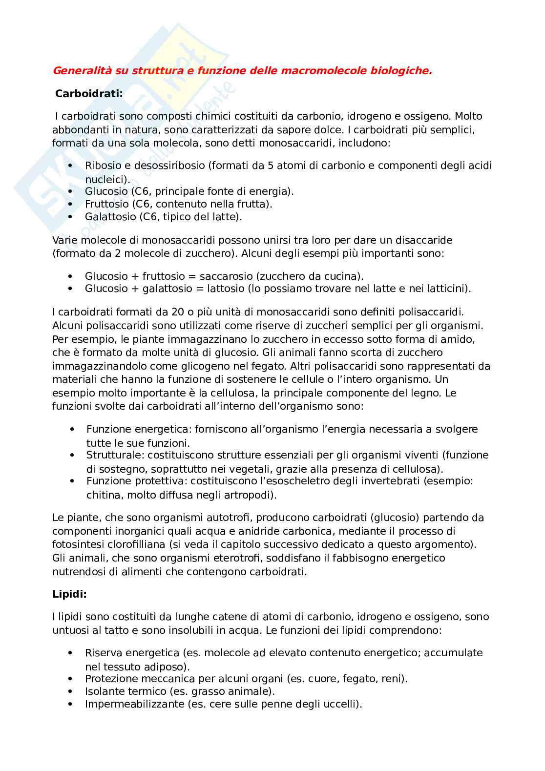 Generalità su struttura e funzione delle macromolecole biologiche Pag. 1