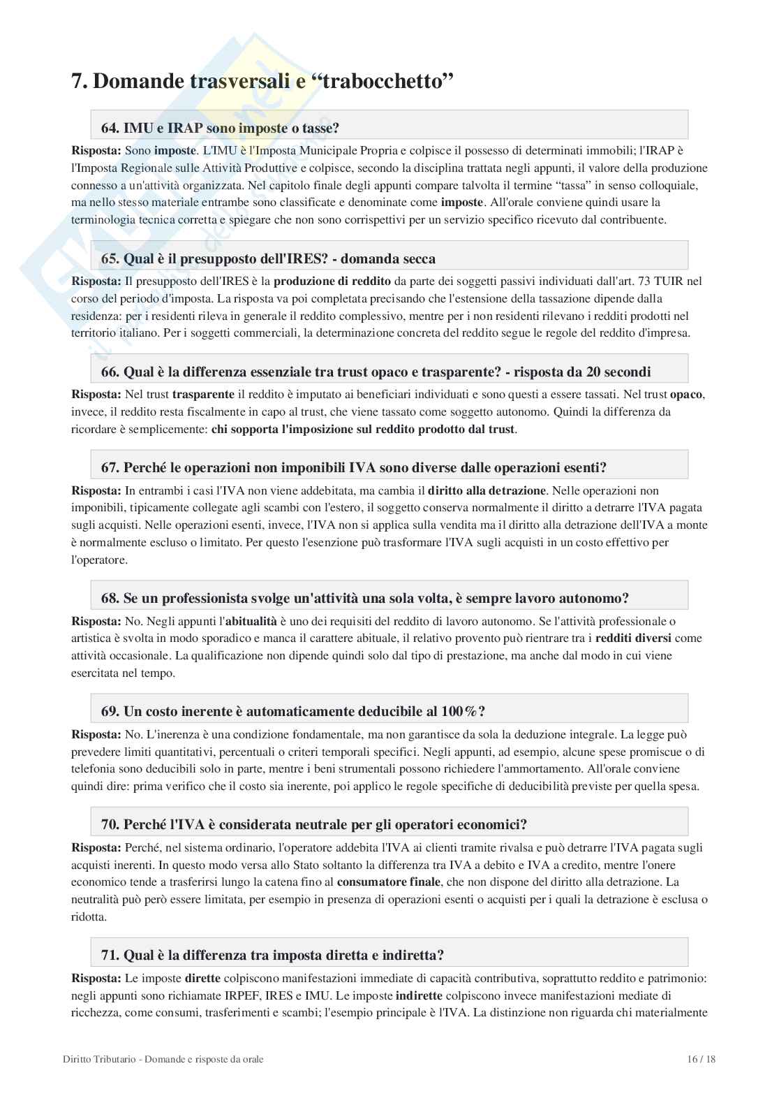 Domande e risposte Diritto tributario Pag. 16