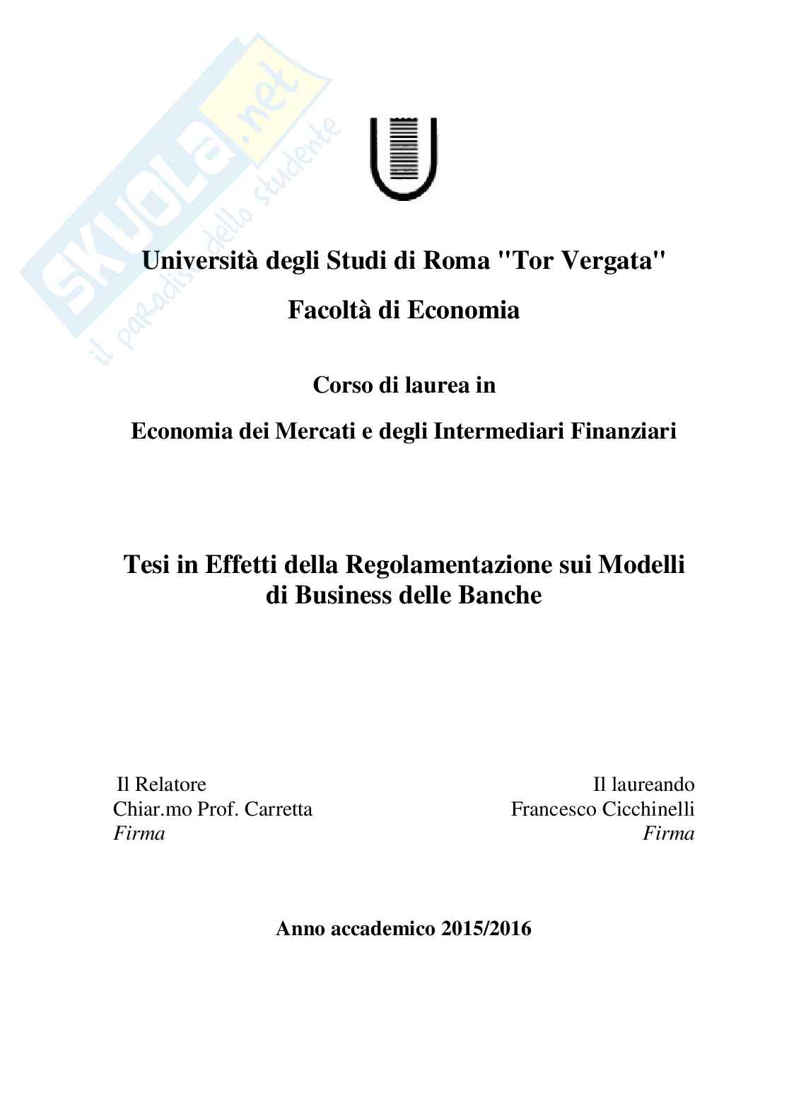 Effetti della regolamentazione sui modelli di business delle banche Pag. 1