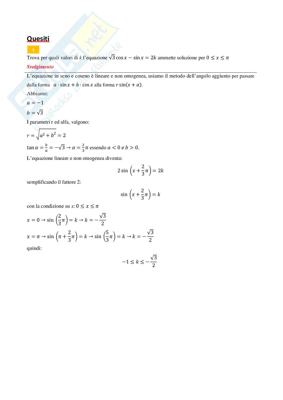 Equazioni e disequazioni goniometriche - problema e quesiti svolti Pag. 6