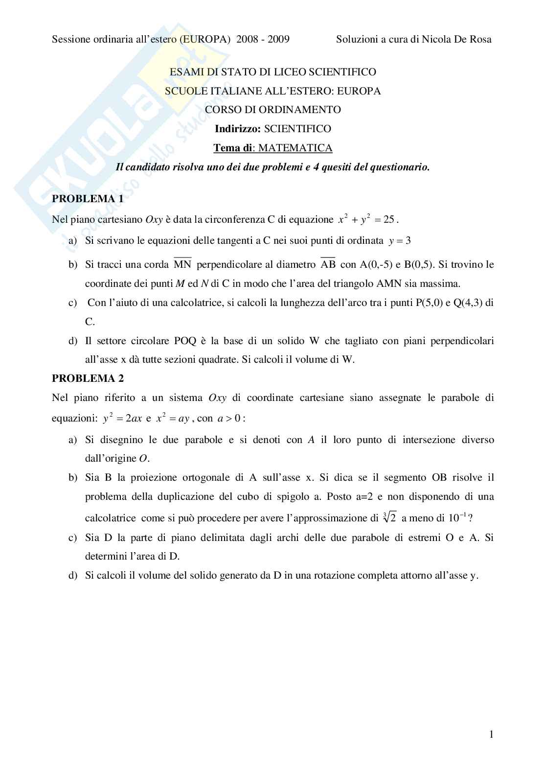 2009 - liceo scientifico - scuole italiane all'estero: Europa Pag. 1