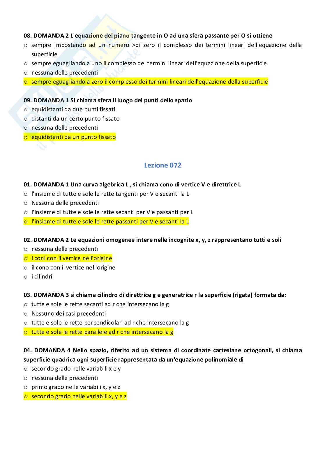 Paniere con risposte chiuse di Algebra lineare e geometria per il Master A20 e A26 Pag. 21