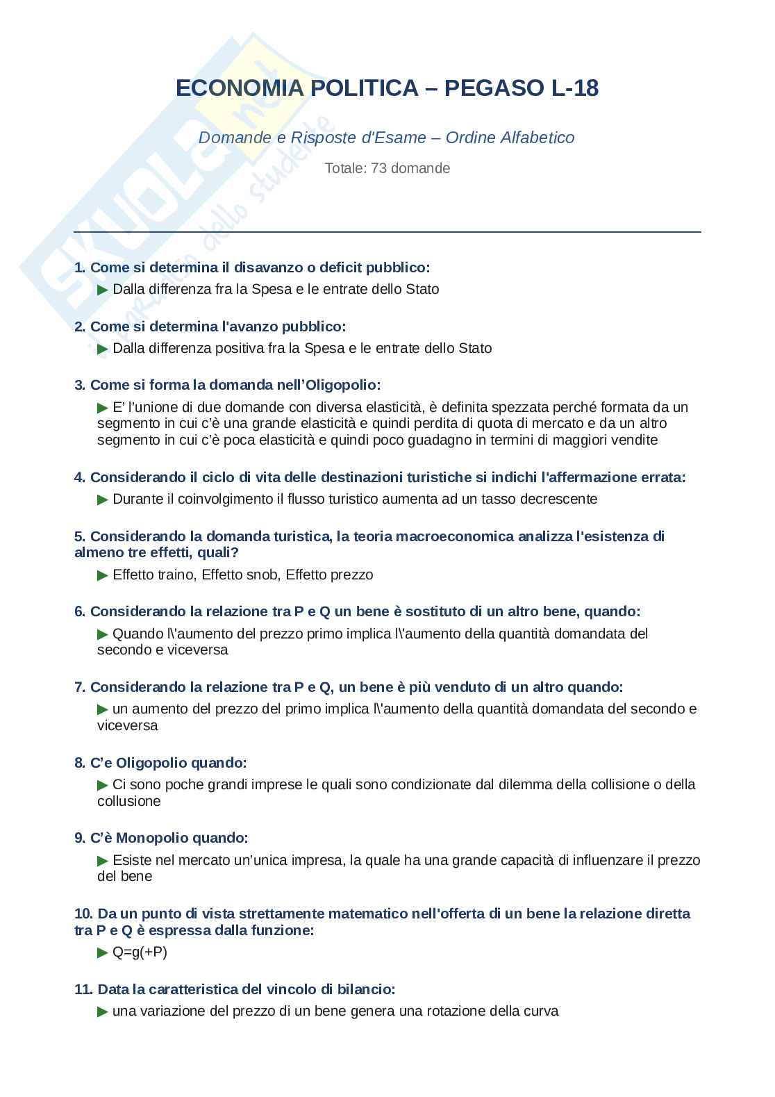 Domande e Risposte Economia politica, ordine alfabetico 2025 Pag. 1