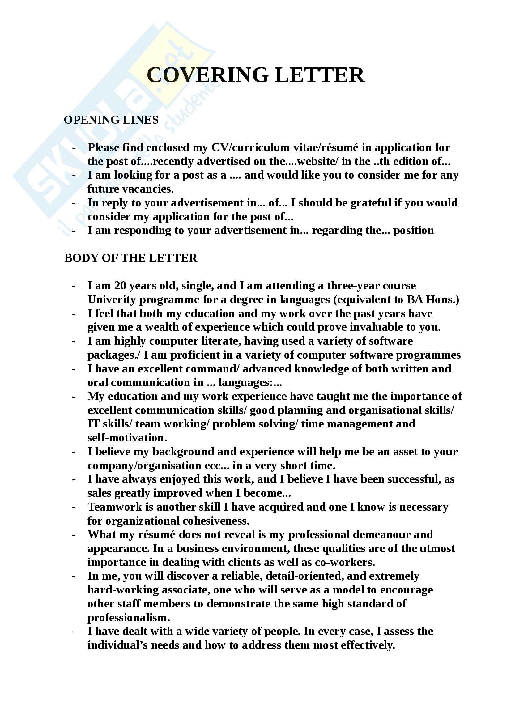 cover letter in inglese download