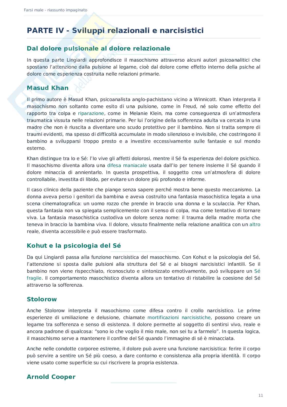 Riassunto esame Psicologia dinamica, Prof. De Caro Maria Fara, libro consigliato Frasi male. Variazioni sul masochismo , Lingiardi  Pag. 11