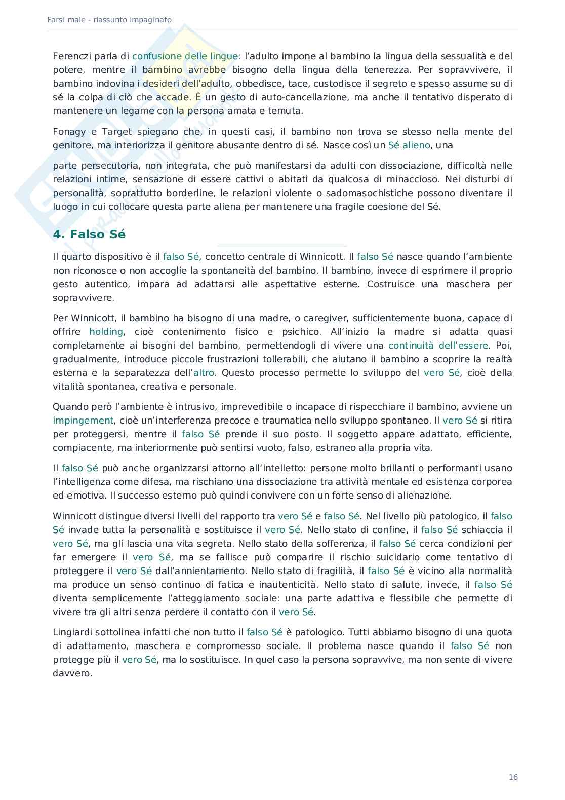 Riassunto esame Psicologia dinamica, Prof. De Caro Maria Fara, libro consigliato Frasi male. Variazioni sul masochismo , Lingiardi  Pag. 16