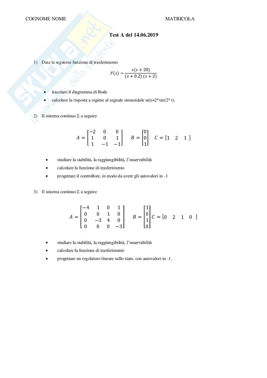 Compiti d'esame svolti Teoria dei sistemi - Parte 2 Pag. 1