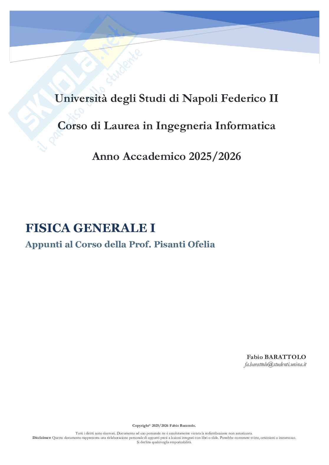 Riassunto esame Fisica generale I, Prof. Pisanti Ofelia, libro consigliato Elementi di fisica (meccanica e termodinamica) , Mazzoldi, Nigro, Voci  Pag. 1