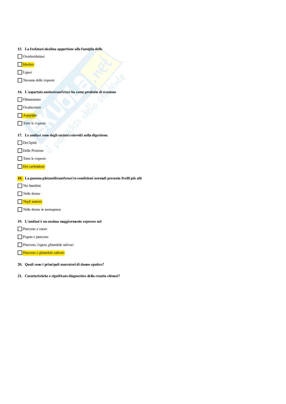 Paniere Biochimica clinica - Risposte multiple - aggiornato (2026) Pag. 21