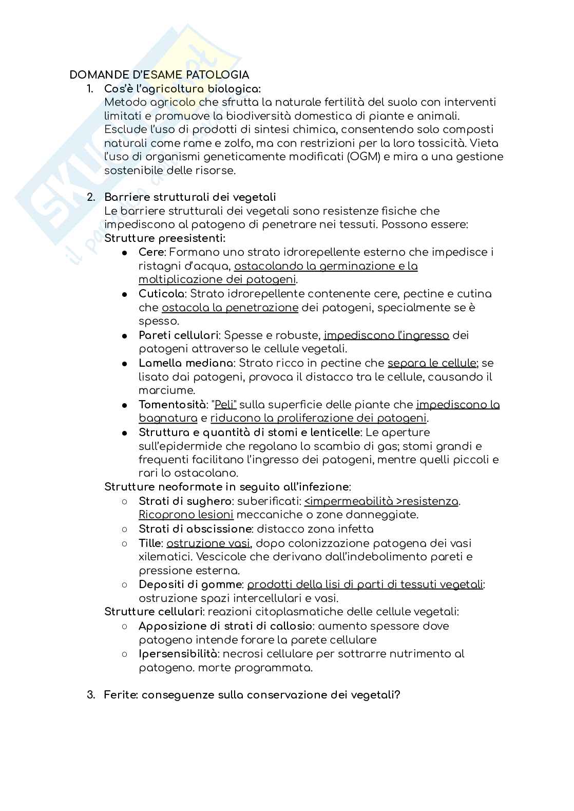 Domande d'esame Patologia delle derrate vegetali Pag. 1