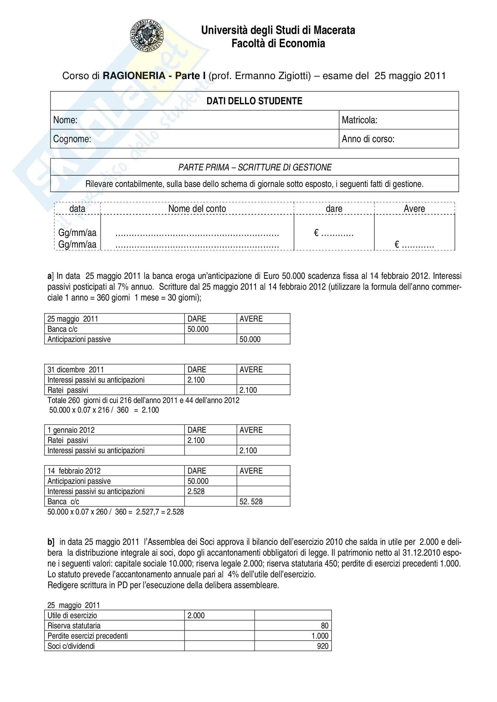 Compito ragioneria I 25-05-2011 e soluzioni Pag. 1