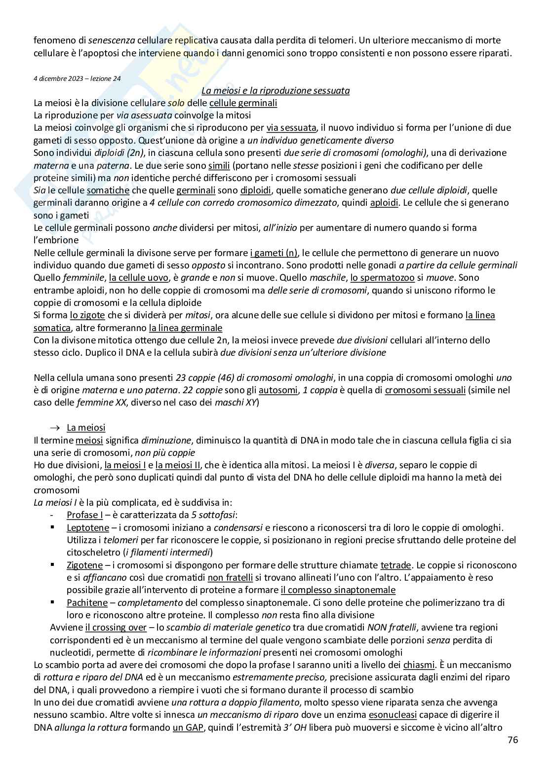 Riassunto esame Biologia e principi di genetica, Prof. Crippa Valeria, libro consigliato Becker, il mondo della cellula, Hardin, Lodolce Pag. 76