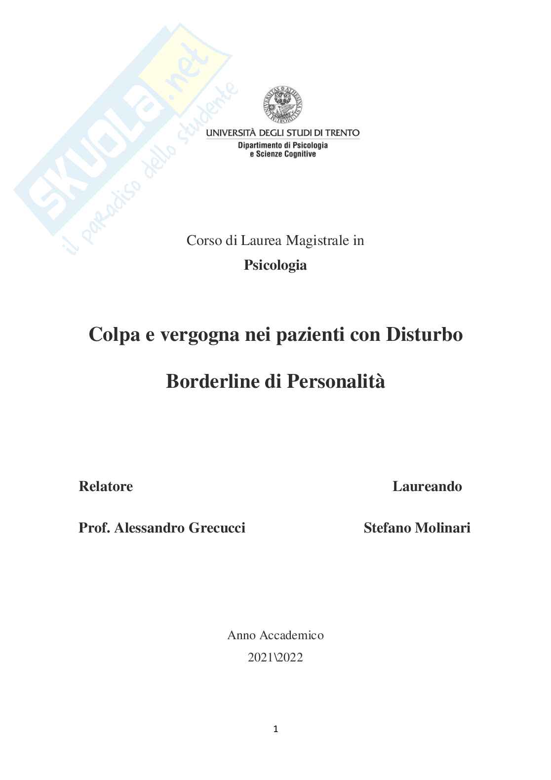 Colpa e vergogna nei pazienti con disturbo borderline di personalità Pag. 1