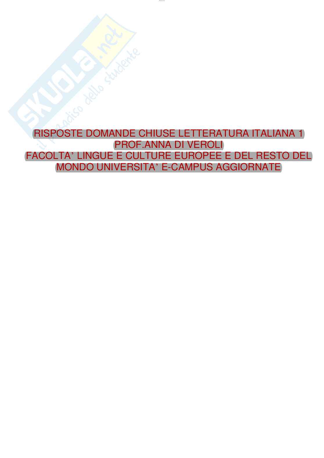 Risposte chiuse di Letteratura italiana 1 aggiornate al 2023 Pag. 1