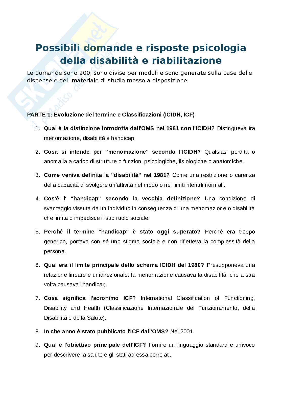 Psicologia della disabilità e della riabilitazione - Domande e risposte per ripasso Pag. 1