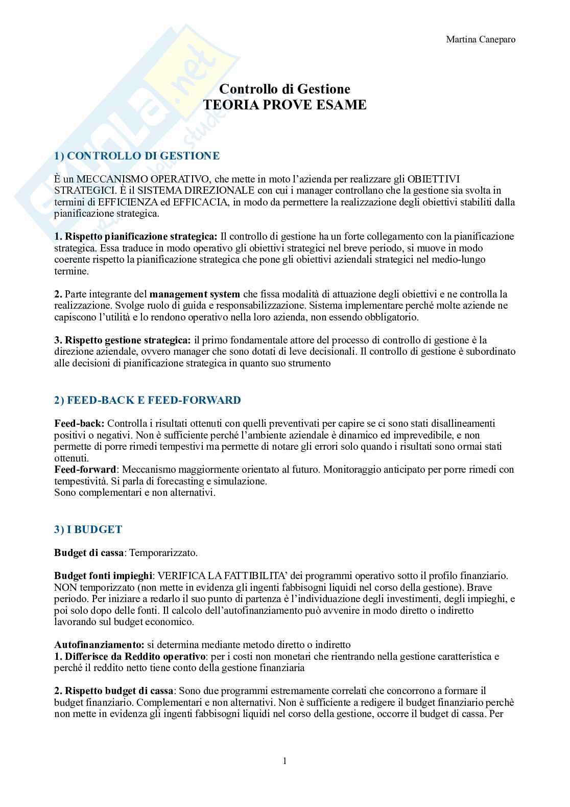 Controllo di gestione – Parte 3 – 10 domande di teoria delle prove d'esame + formulario Pag. 1