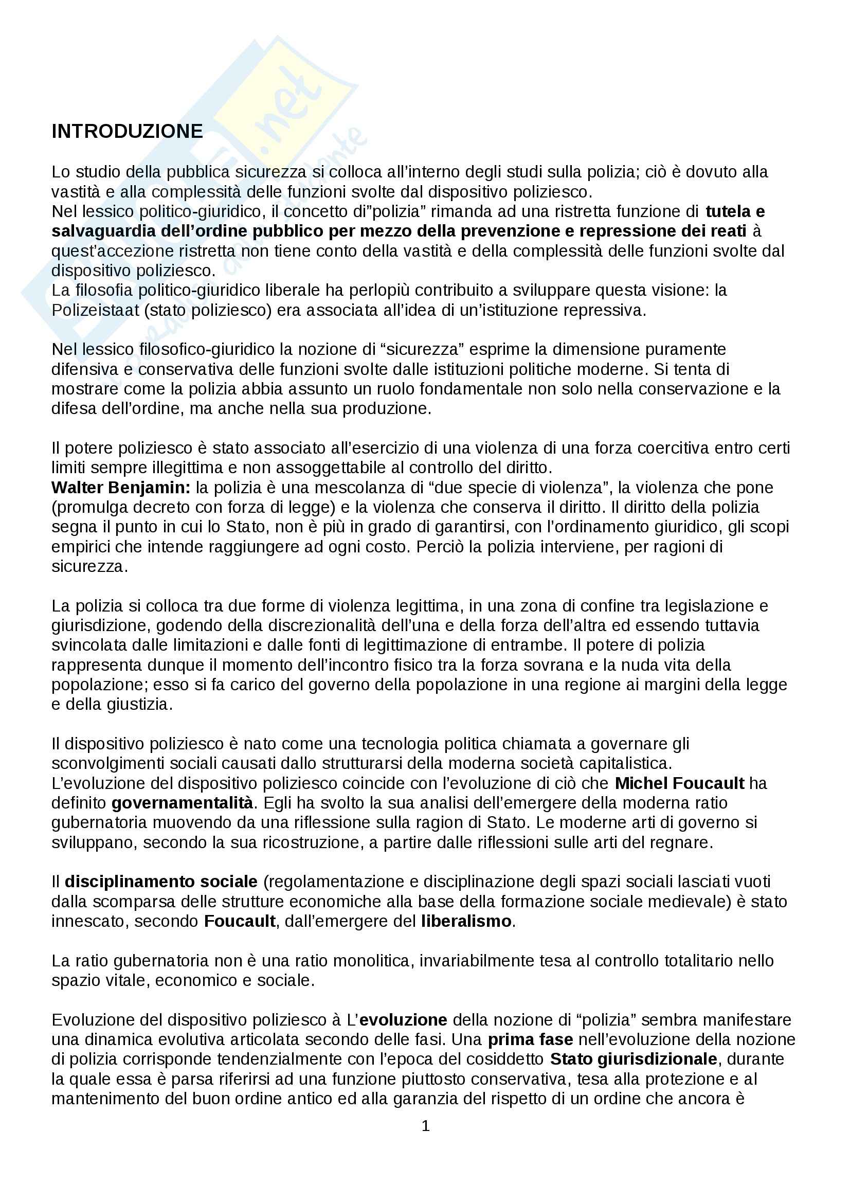 Riassunto esame Sociologia, prof. Federici, libro consigliato Genealogia della pubblica sicurezza, Campesi Pag. 1