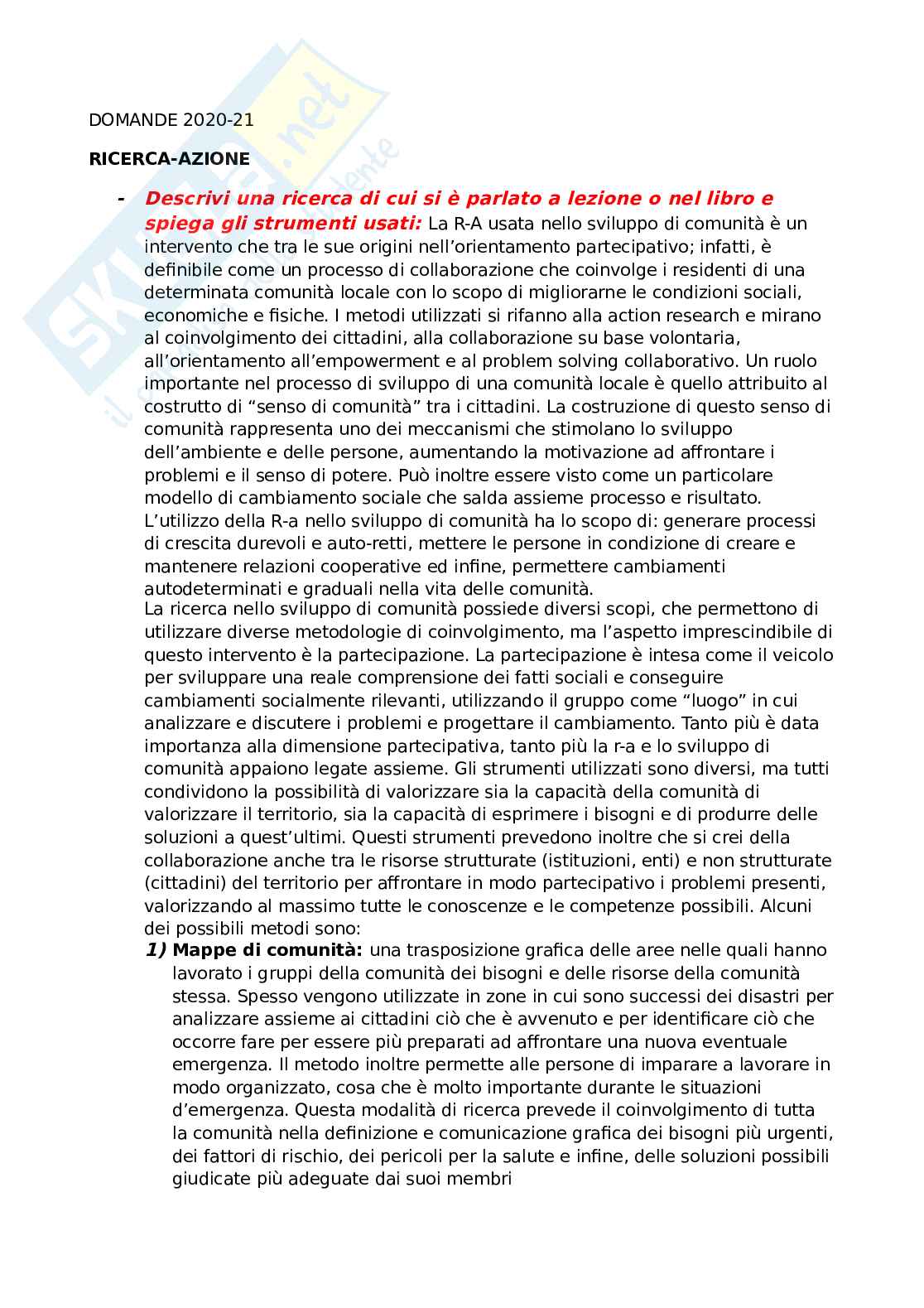 Risposte alle domande per la preparazione dell'esame di Ricerca-Azione e colloquio Pag. 1