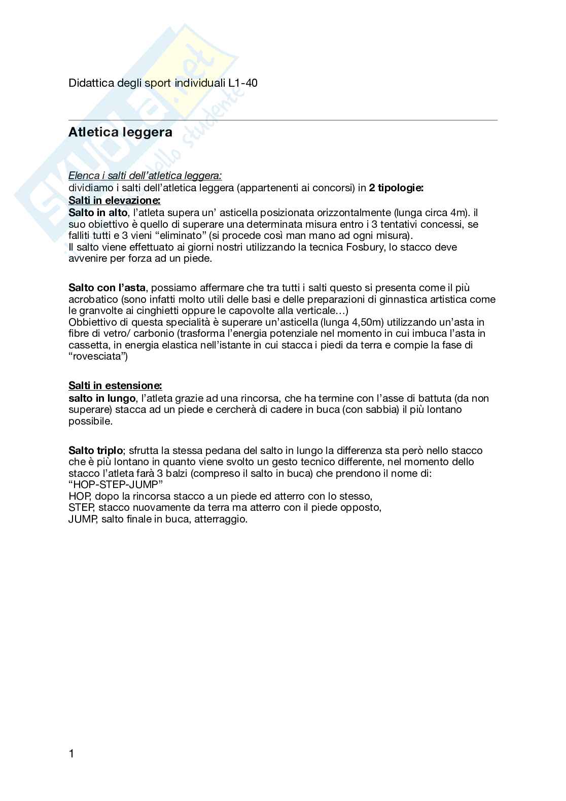 Domande aperte Didattica degli sport individuali Pag. 1