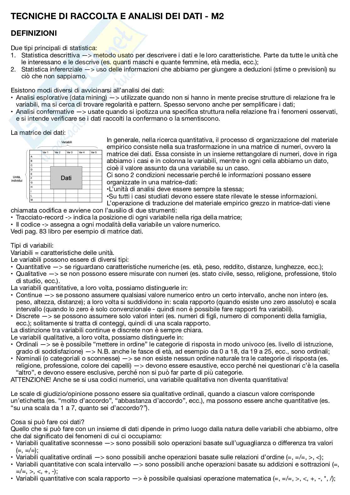 Appunti integrati con i libri per il modulo 2 dell'esame di Tecniche di raccolta e analisi dei dati Pag. 1