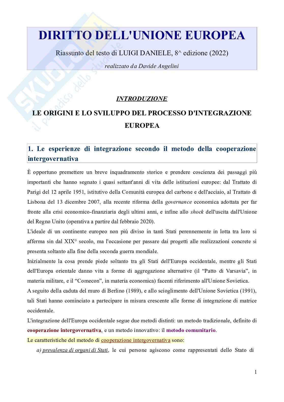 Riassunto esame Diritto dell'Unione europea, Prof. Marino Silvia, libro consigliato Diritto dell'Unione Europea - 8^edizione, Daniele Pag. 1