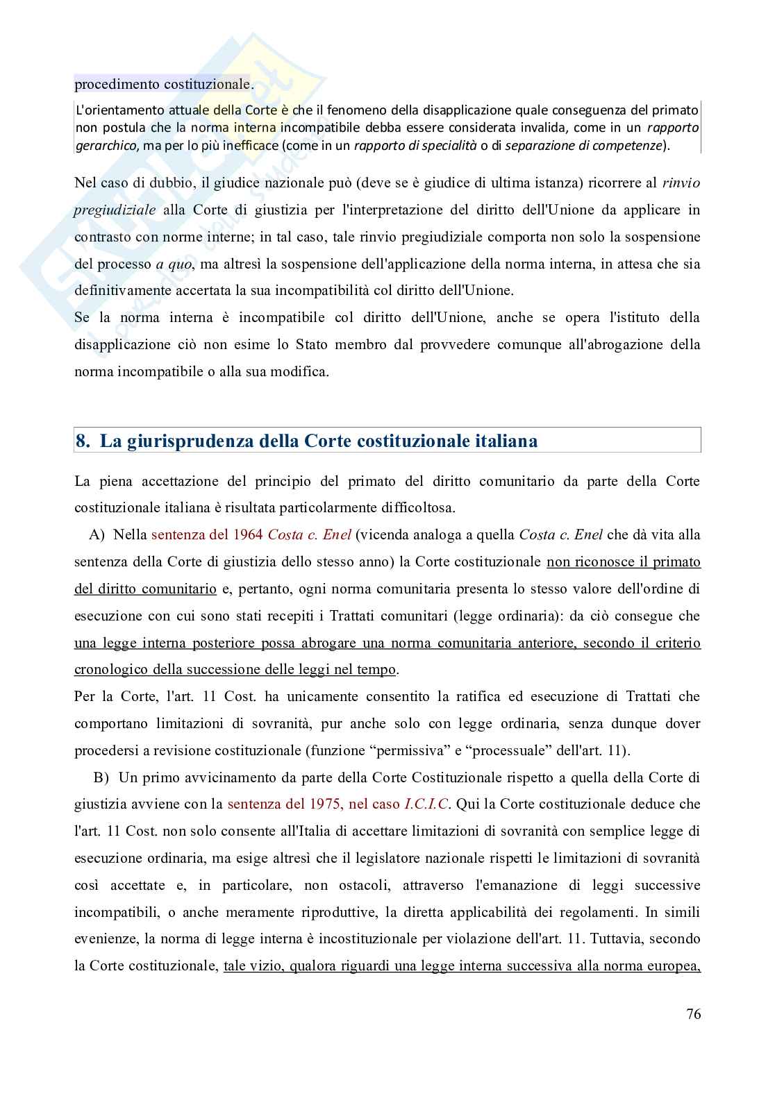 Riassunto esame Diritto dell'Unione europea, Prof. Marino Silvia, libro consigliato Diritto dell'Unione Europea - 8^edizione, Daniele Pag. 76