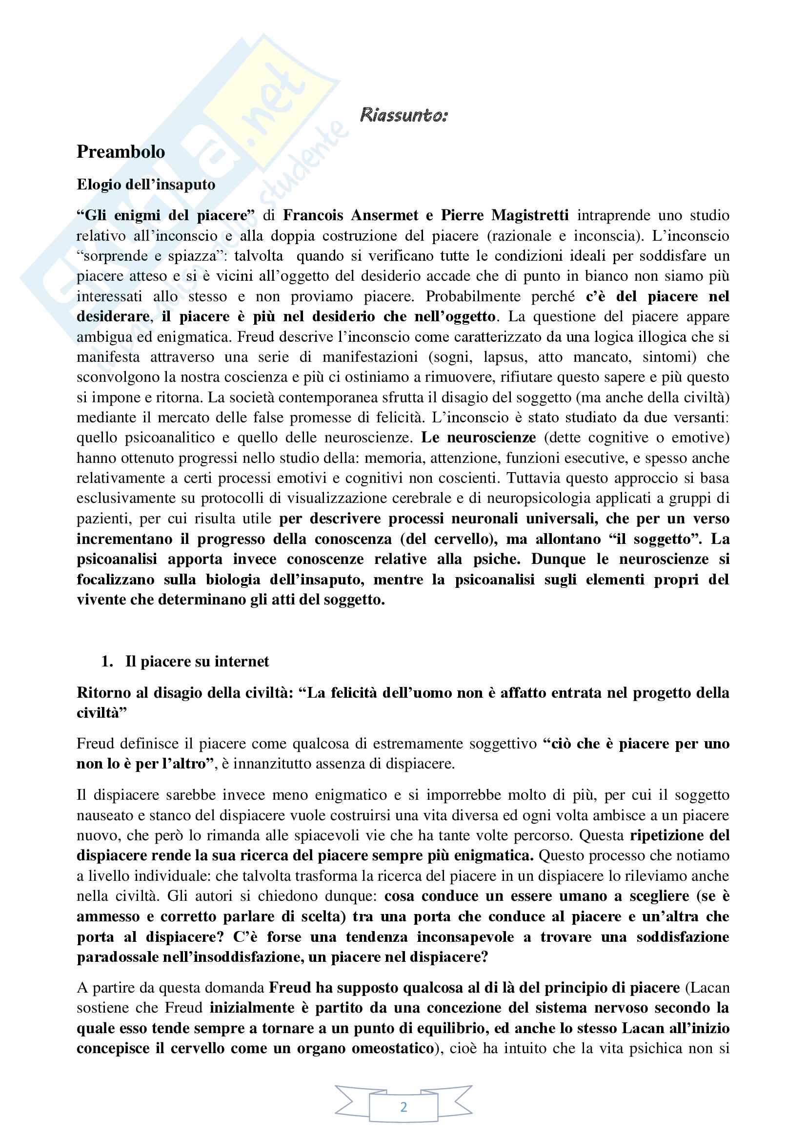 Riassunto esame Psicologia della devianza , Prof. Lo Castro, testo consigliato Gli enigmi del piacere di Francois Ansermet e Pierre Magistretti Pag. 2