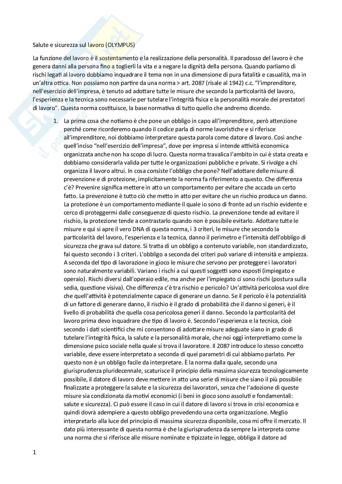 Riassunto esame Diritto del lavoro, Prof. Pascucci Paolo, libro consigliato La tutela della salute e della sicurezza sul lavoro: il Titolo I del d.lgs. n. 81/2008 dopo il Jobs Act, Pascucci Pag. 1