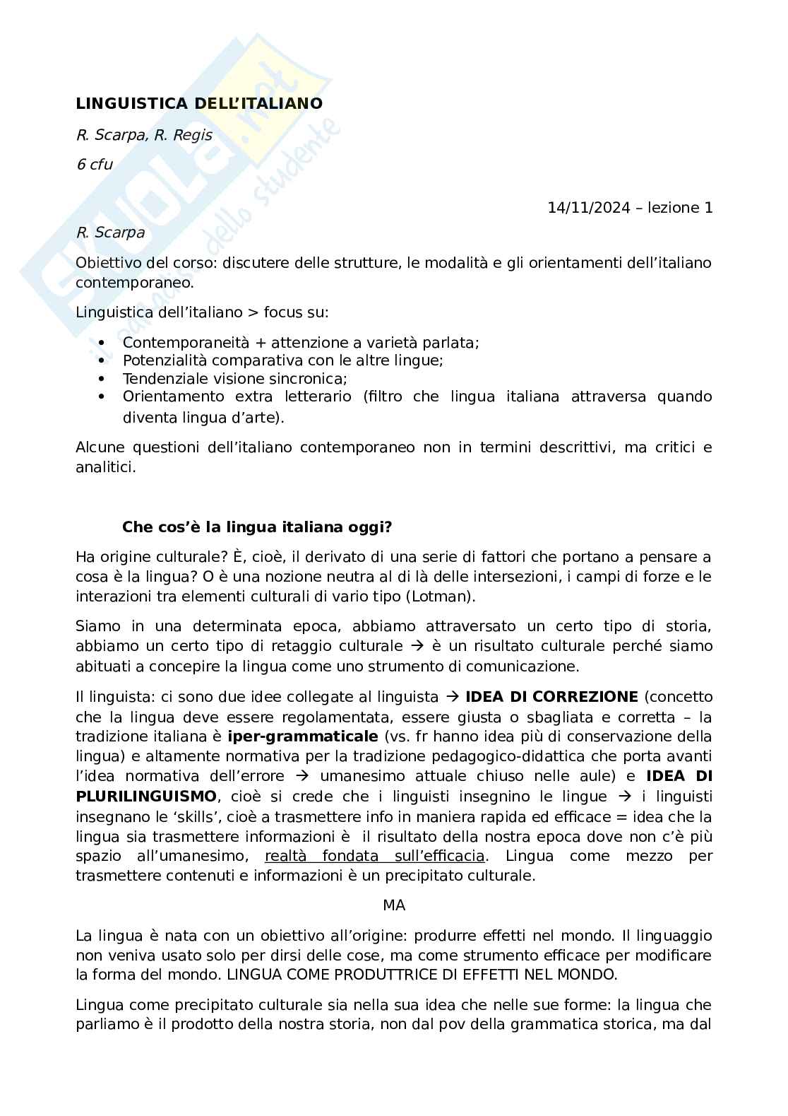 Linguistica dell'italiano Pag. 1