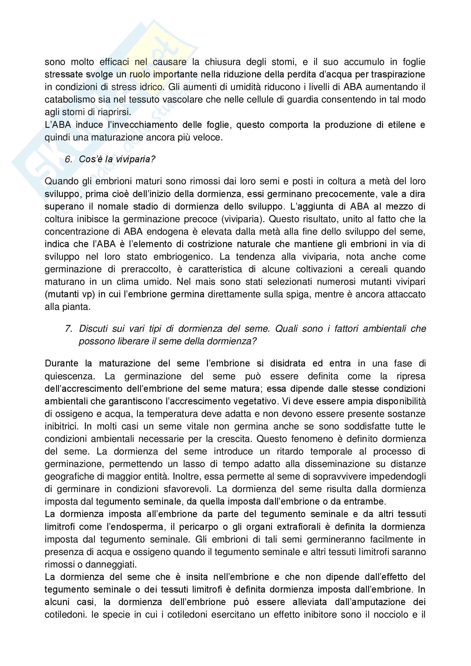 Risposte alle domande Fisiologia vegetale Pag. 121