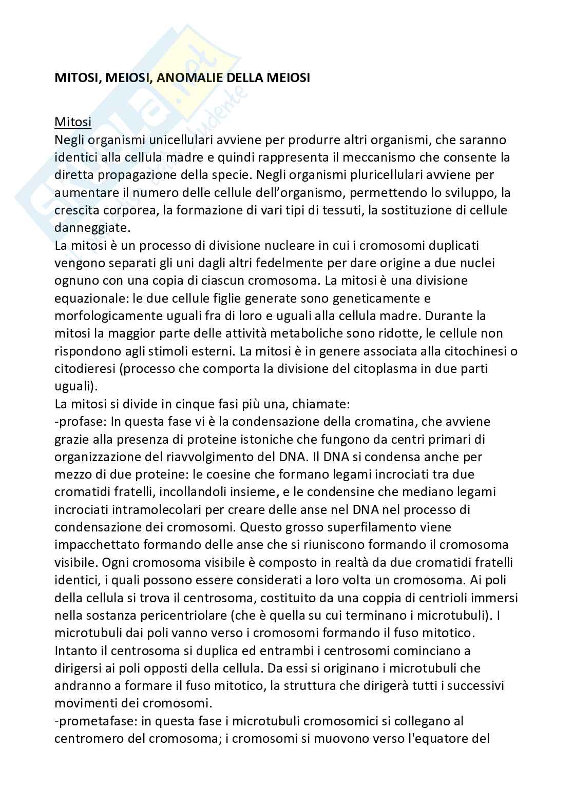 Mitosi, Meiosi, Anomalie della meiosi Pag. 1