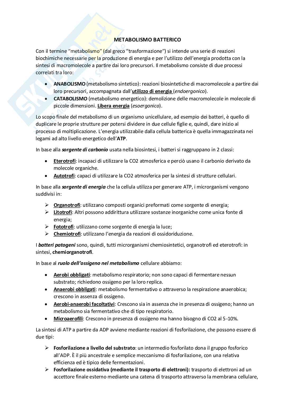 Metabolismo batterico Pag. 1