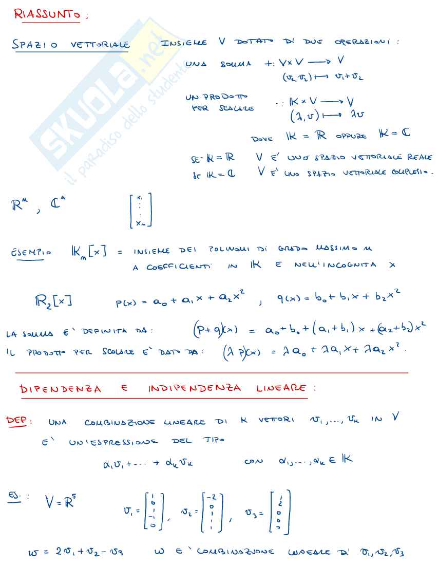 Appunti di Algebra lineare e geometria sudipendenza e indipendenza lineare Pag. 1