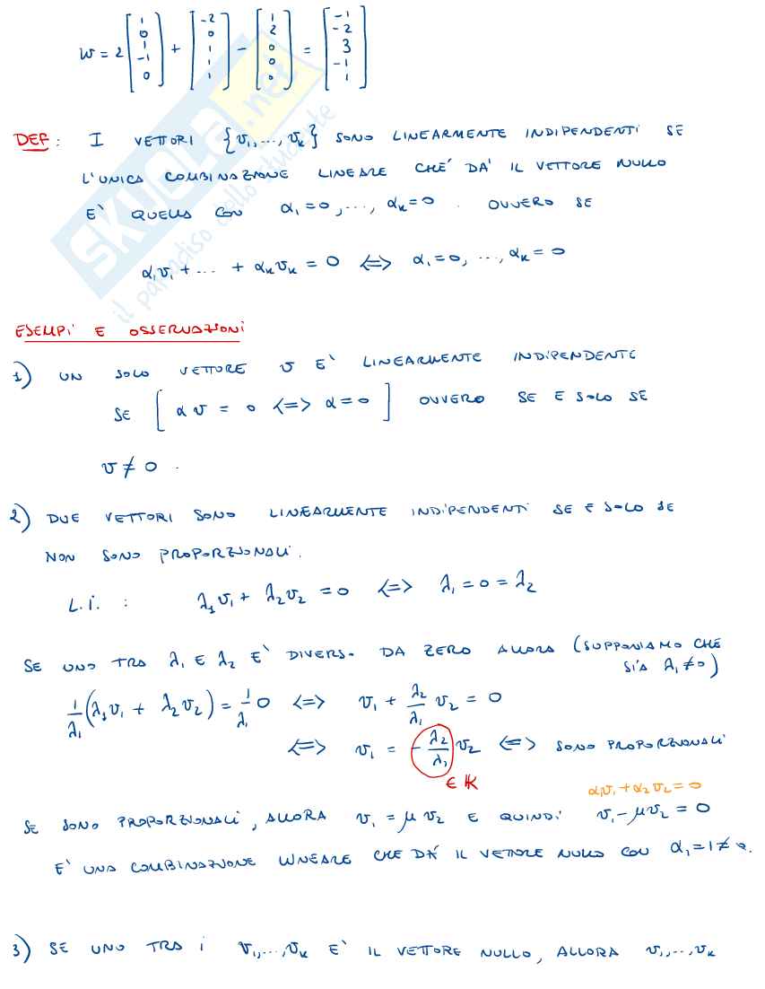 Appunti di Algebra lineare e geometria sudipendenza e indipendenza lineare Pag. 2