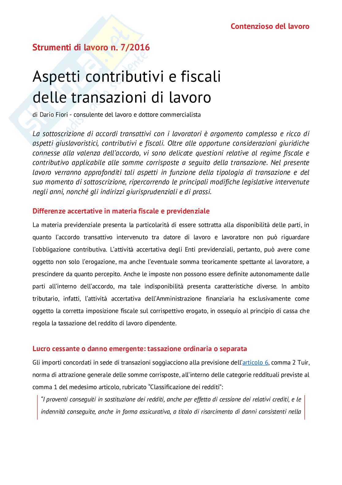 Aspetti contributivi e fiscali delle transazioni di lavoro Pag. 1