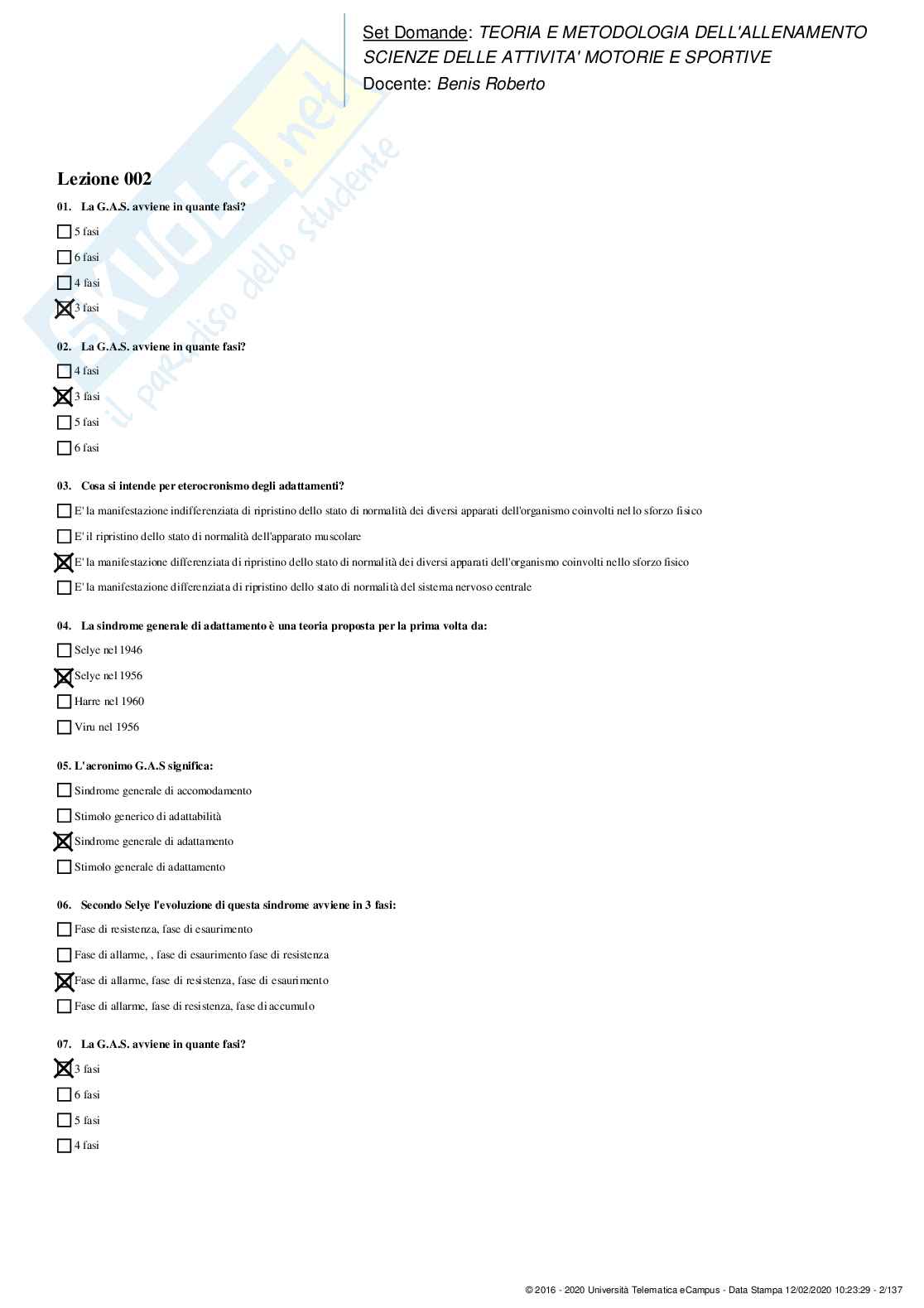 Set Domande Paniere Risposte Chiuse Teoria e Metodologia dell'Allenamento Pag. 2