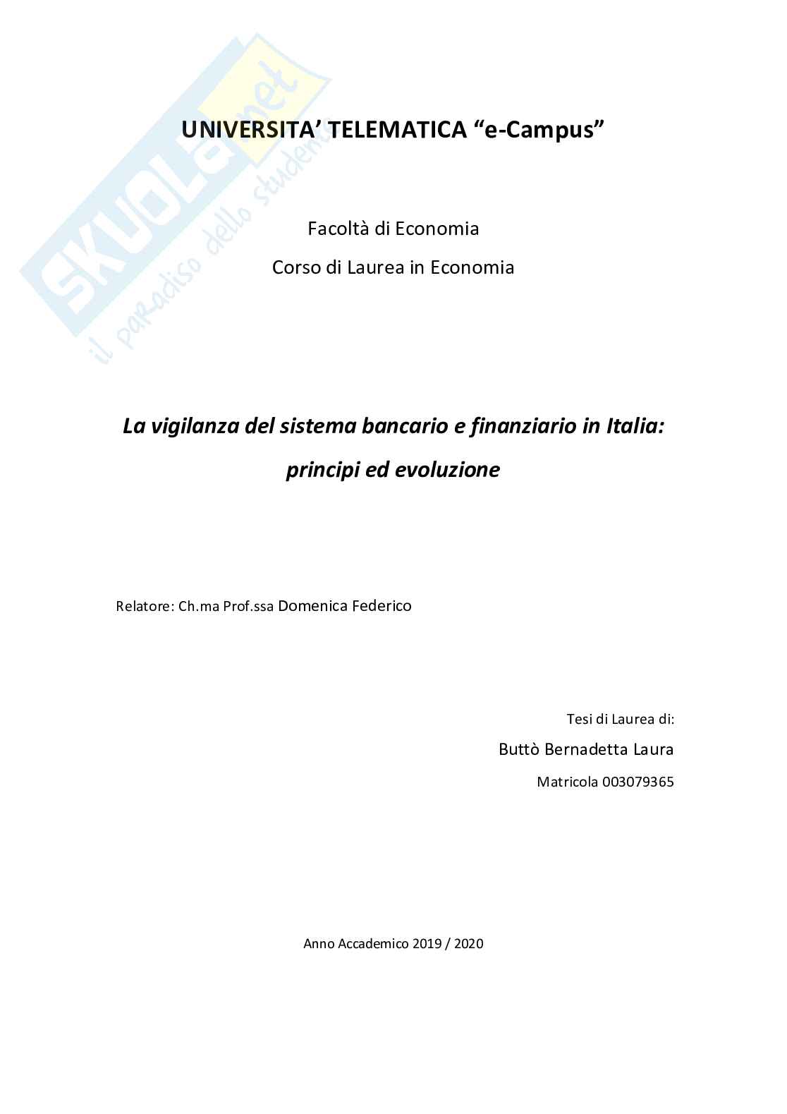 Vigilanza del sistema bancario e finanziario in Italia: principi ed evoluzione Pag. 1