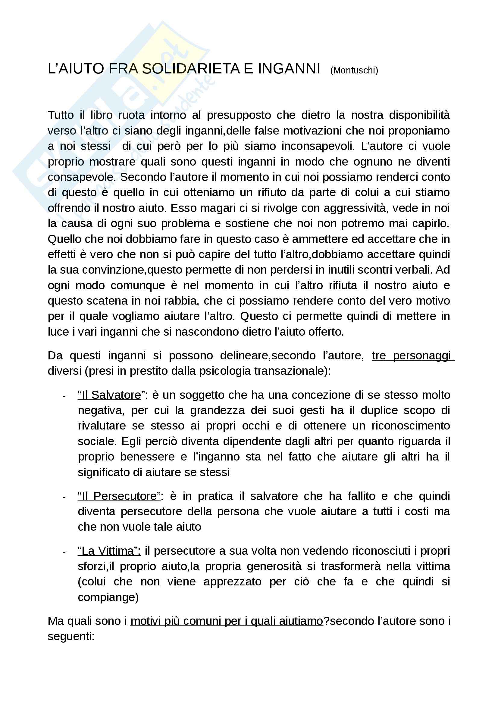 Riassunto esame Pedagogia speciale, prof. Grasselli, libro consigliato L'aiuto fra solidarietà ed inganni, Montuschi Pag. 1