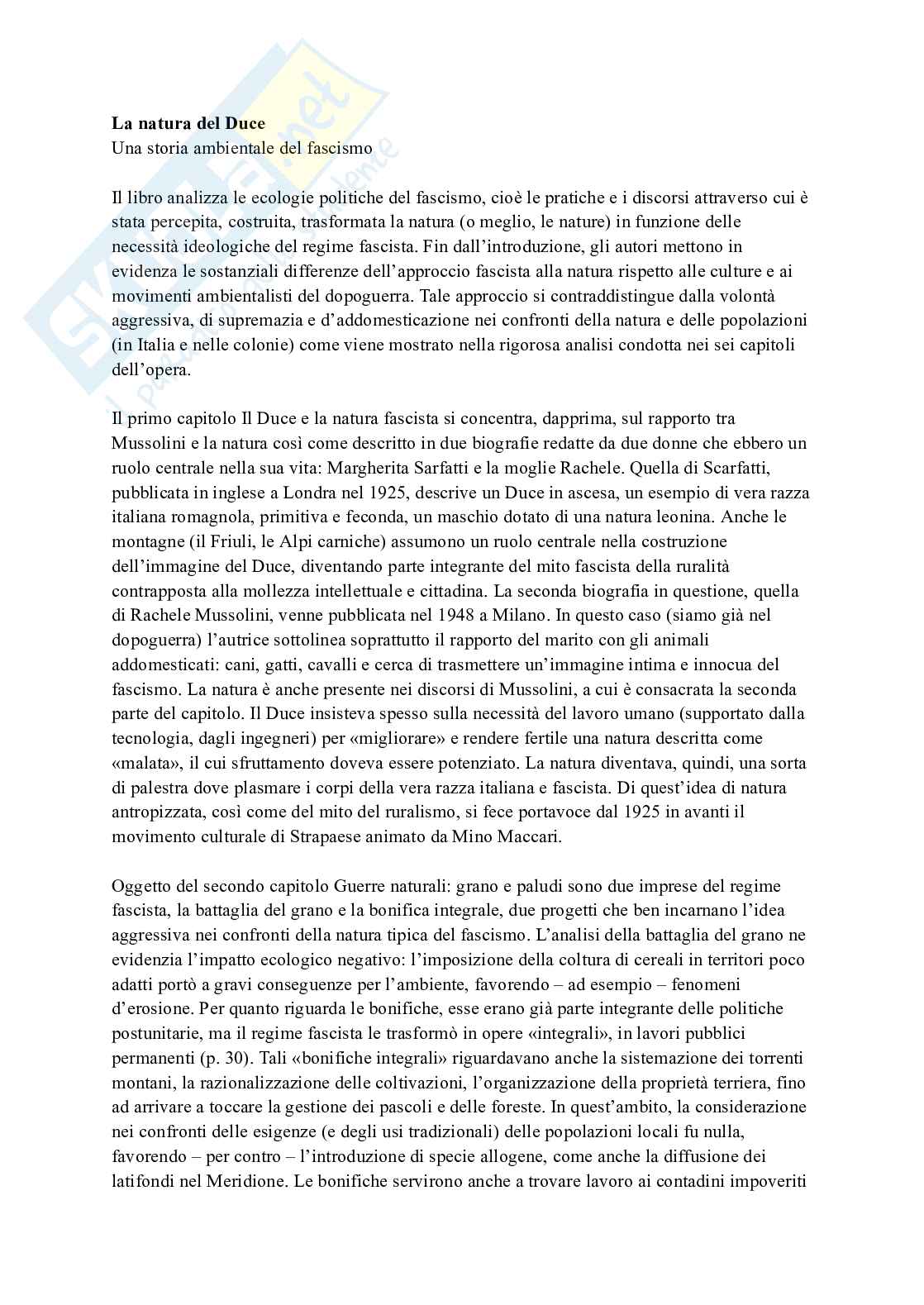 Riassunto esame Storia contemporanea, Prof. Bassi Daniele, libro consigliato La natura del duce: una storia ambientata nel fascismo, Armiero Pag. 1