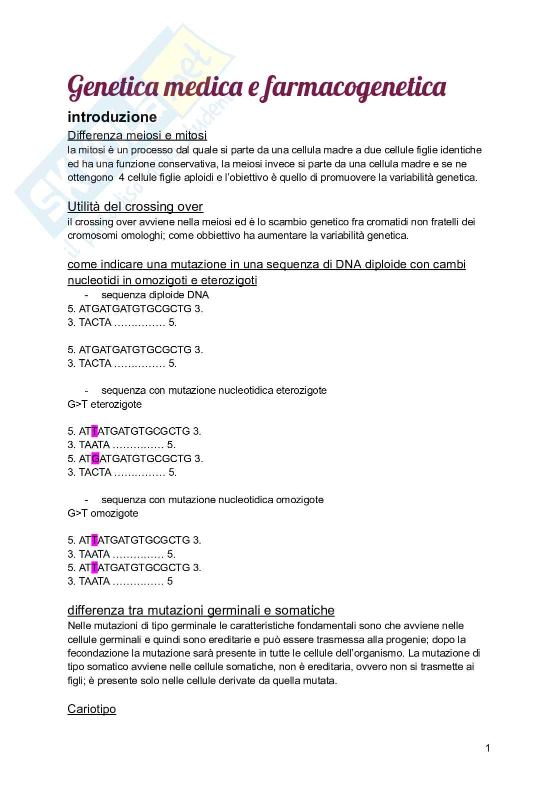 Genetica medica e farmacogenetio Pag. 1