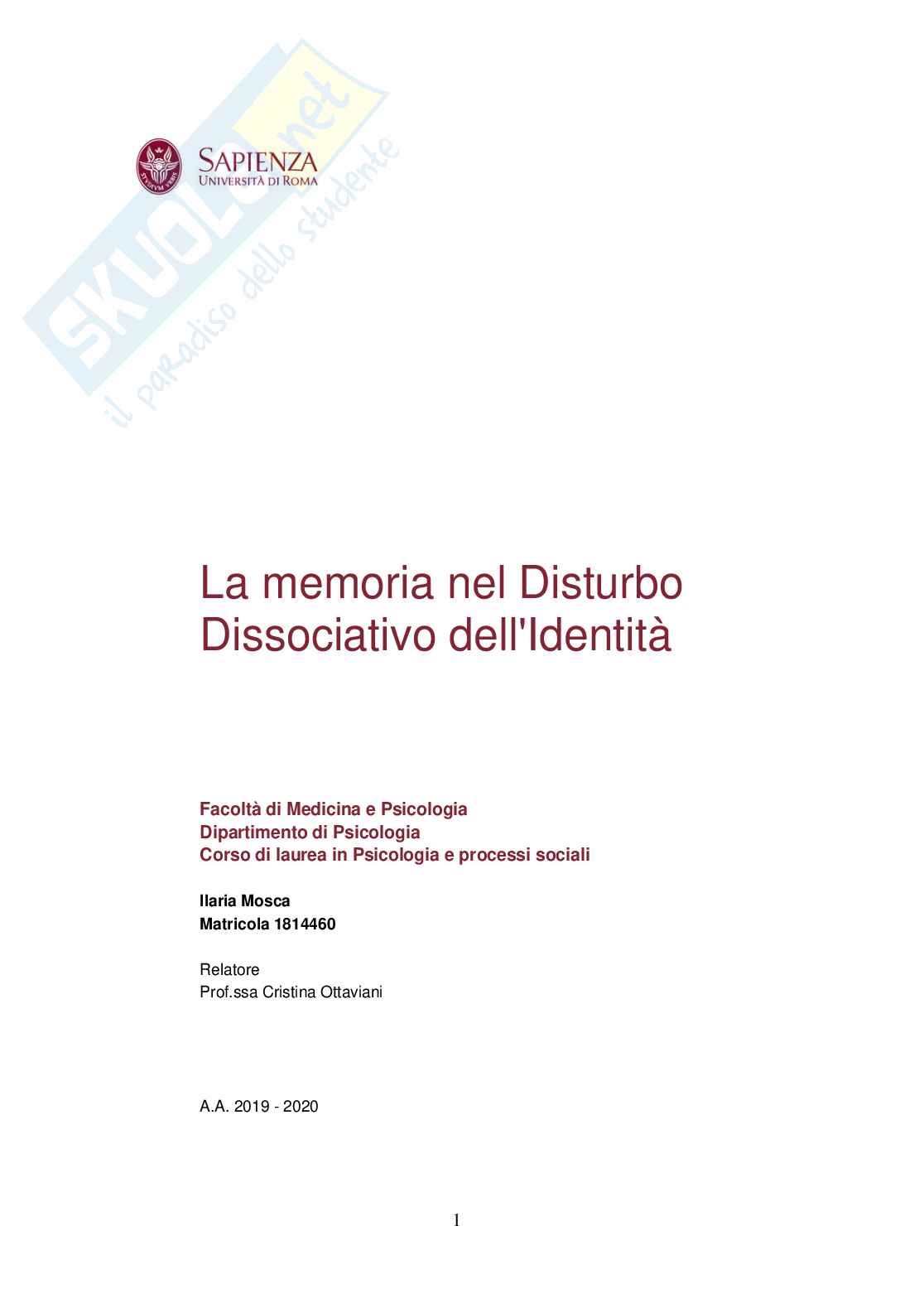 Memoria nel disturbo dissociativo dell'identità Pag. 1