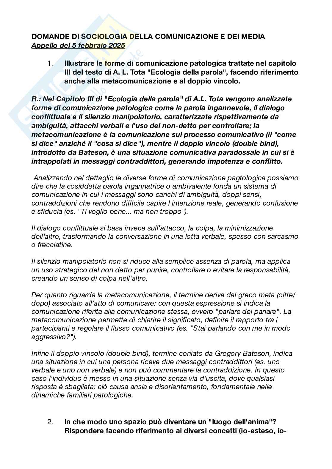 Domande e risposte esame di Sociologia della comunicazione e dei media fino all’appello di dicembre 2025 Pag. 1
