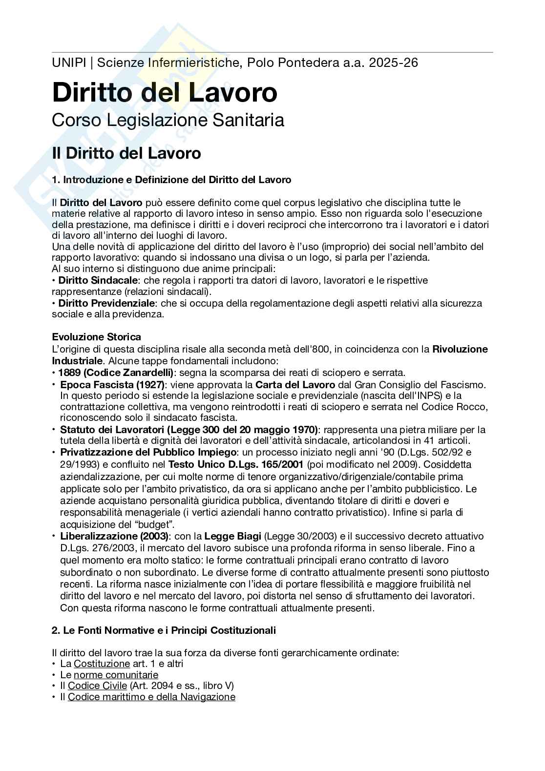 Legislazione Sanitaria - Diritto del lavoro Pag. 1