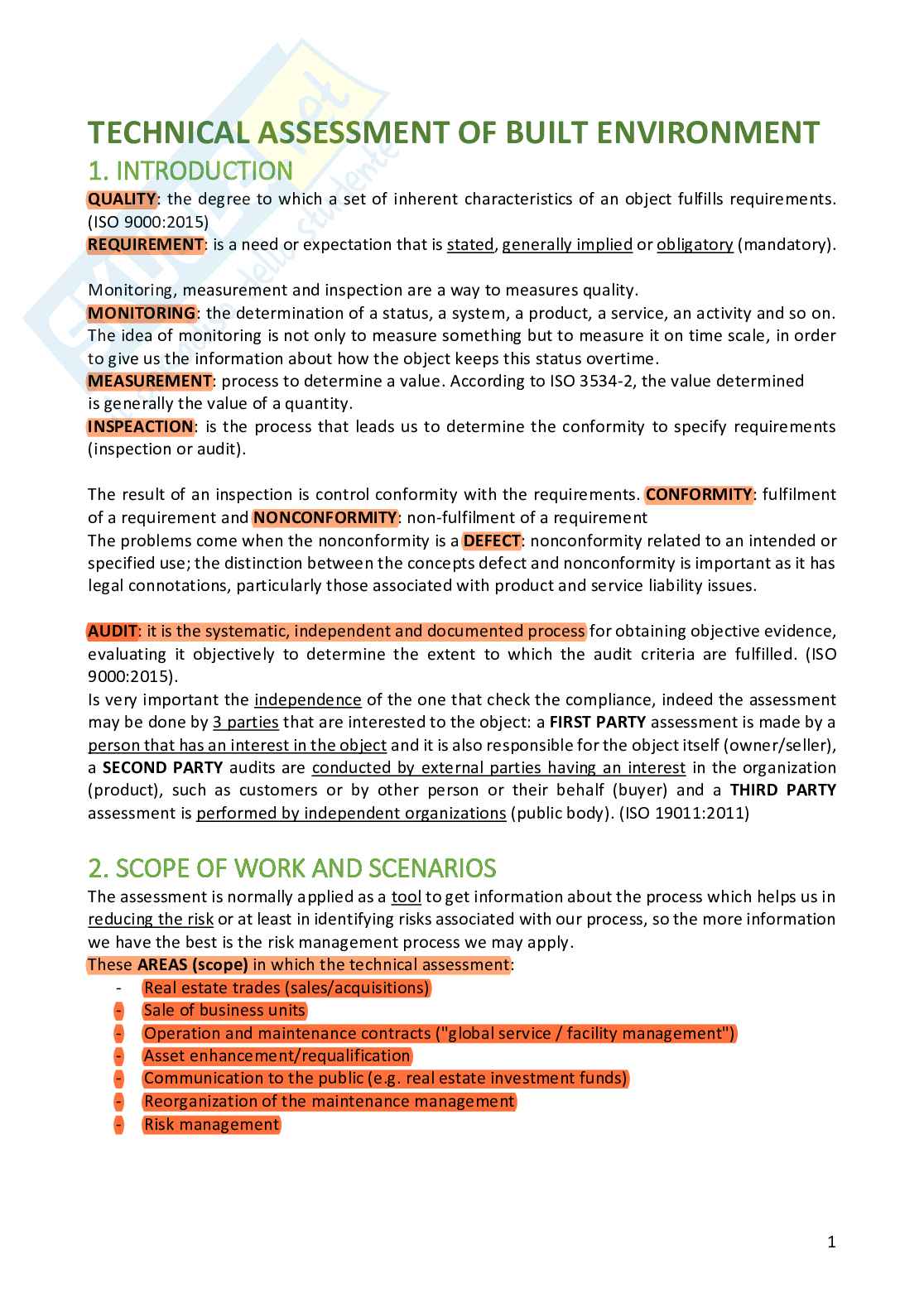 Appunti per esame di Tecnical assessment of built environment Pag. 1