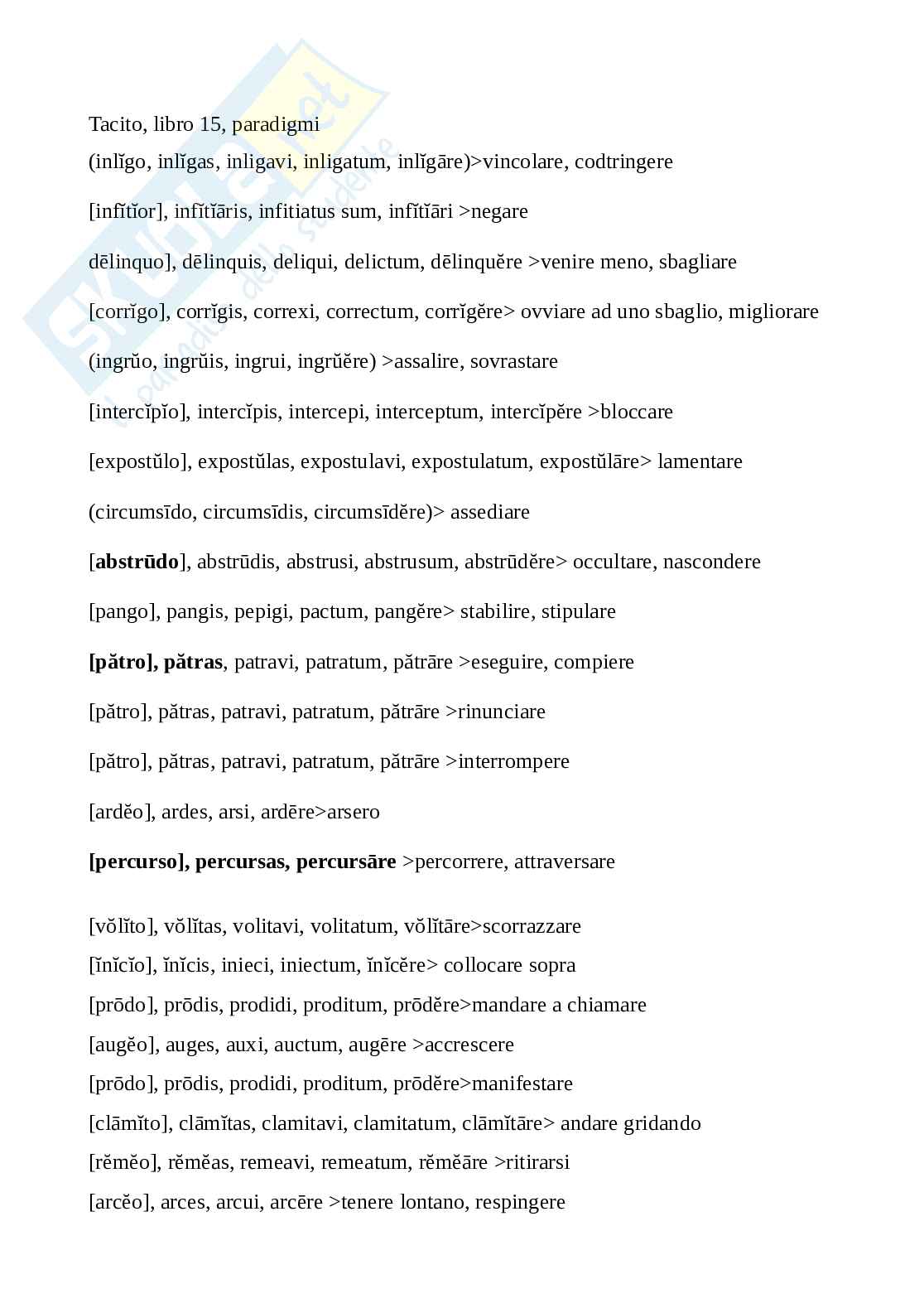 Tacito, Annales, lista paradigmi del libro 15 con significati Pag. 1