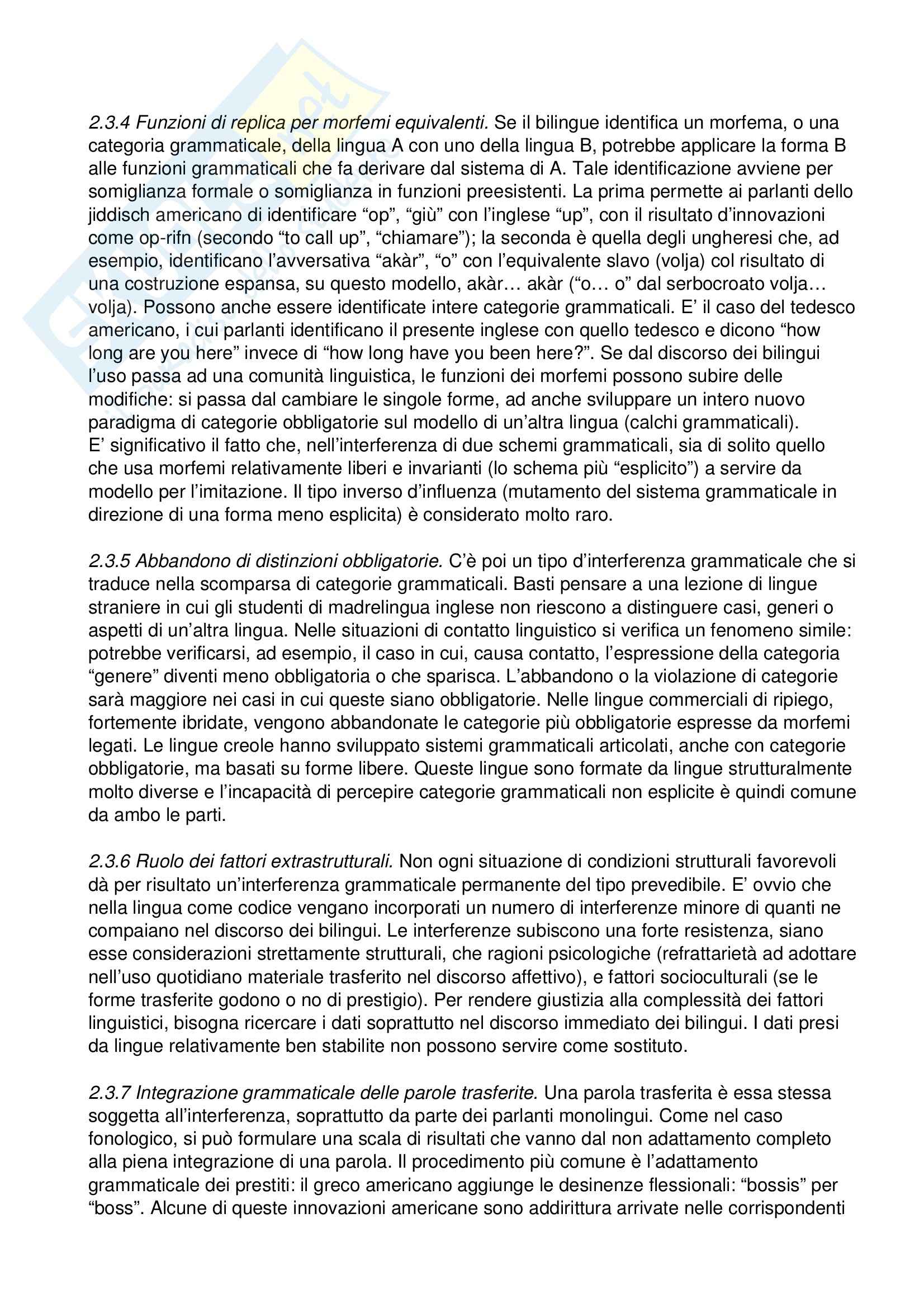 Riassunto esame Linguistica del contatto, prof. Schirru, libro consigliato Lingue in contatto, Weinreich Pag. 21
