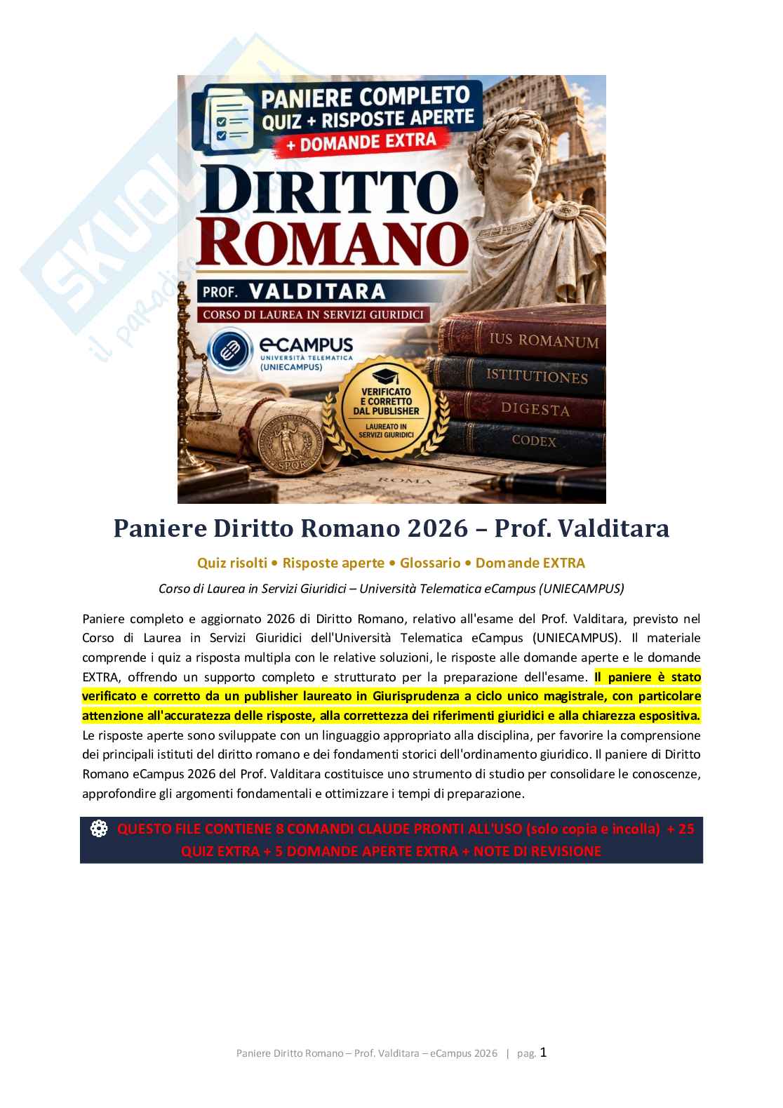 Paniere Diritto romano 2026, corretto con extra e glossario Pag. 1