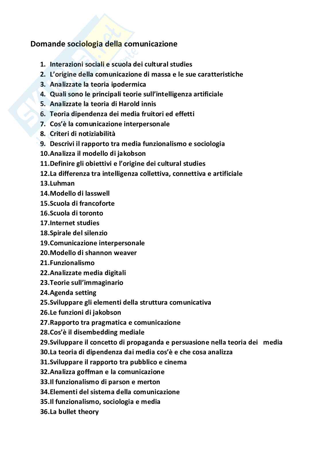 Domande e risposte Sociologia della comunicazione Pag. 1