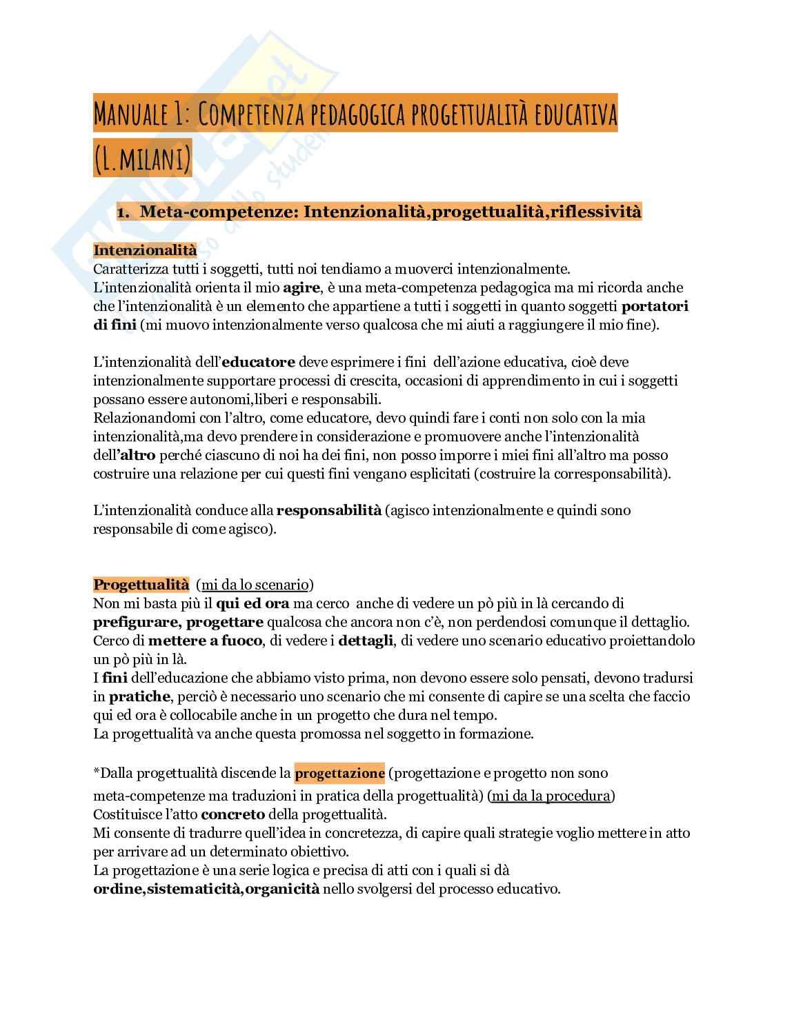 Riassunto esame Pedagogia , Prof. De Luigi Rosita, libro consigliato Competenza pedagogica e progettualità educativa, Lorena Milani Pag. 1