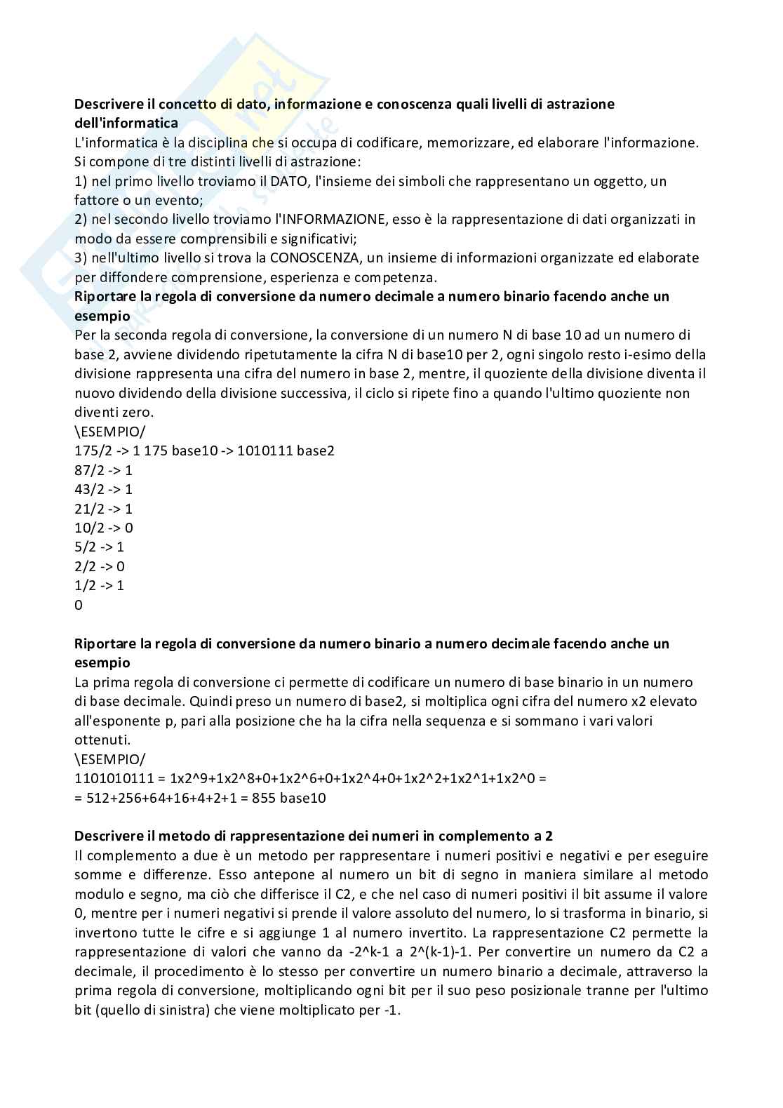 Paniere di Fondamenti di informatica - Risposte aperte Pag. 2